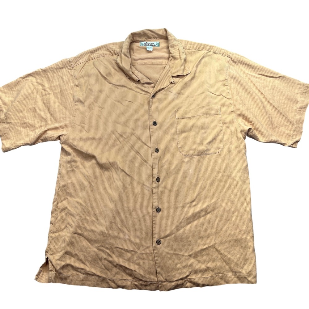 Tommy Bahama Silk Camp Shirt Button Up Short Sleeve Striped Tan Mens L Beach